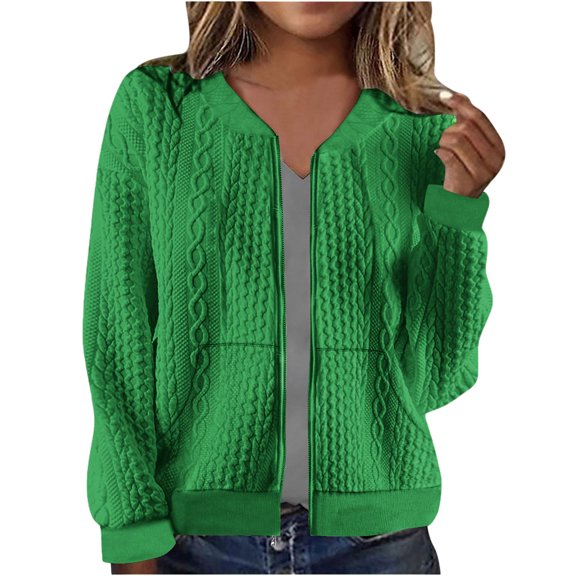 JGGSPWM Womens Full Zip Up Cardigan Lightweight Comfort Casual Solid Color Long Sleeve Sweatshirt Coat with Pocket Green M