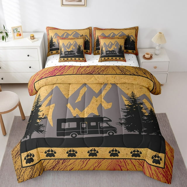 YST Camper Decor Bed In A Bag Queen Comforter Set 7 Piece, Rv Happy Camping Bedding Sets Rustic Farmhouse Comforter Set Camper Accessories For Travel Trailers, Wooden Barn Door Bed Set