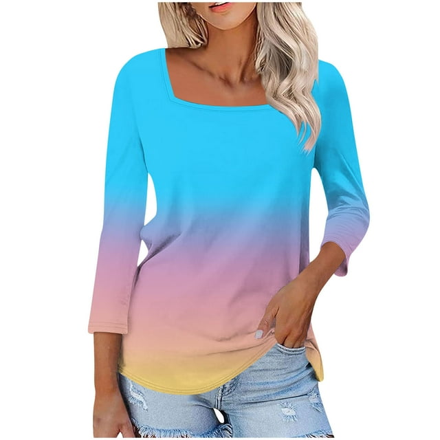 aidice T-Shirts Grande Taille pour Femmes Décontractés à Encolure Carrée Manches 3/4 Coupe Confortable T-Shirts à Dégradé de Couleurs