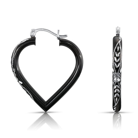 Tilo Jewelry .925 Sterling Silver Black Heart Hoop Earrings with Floral Design | Women & Unisex