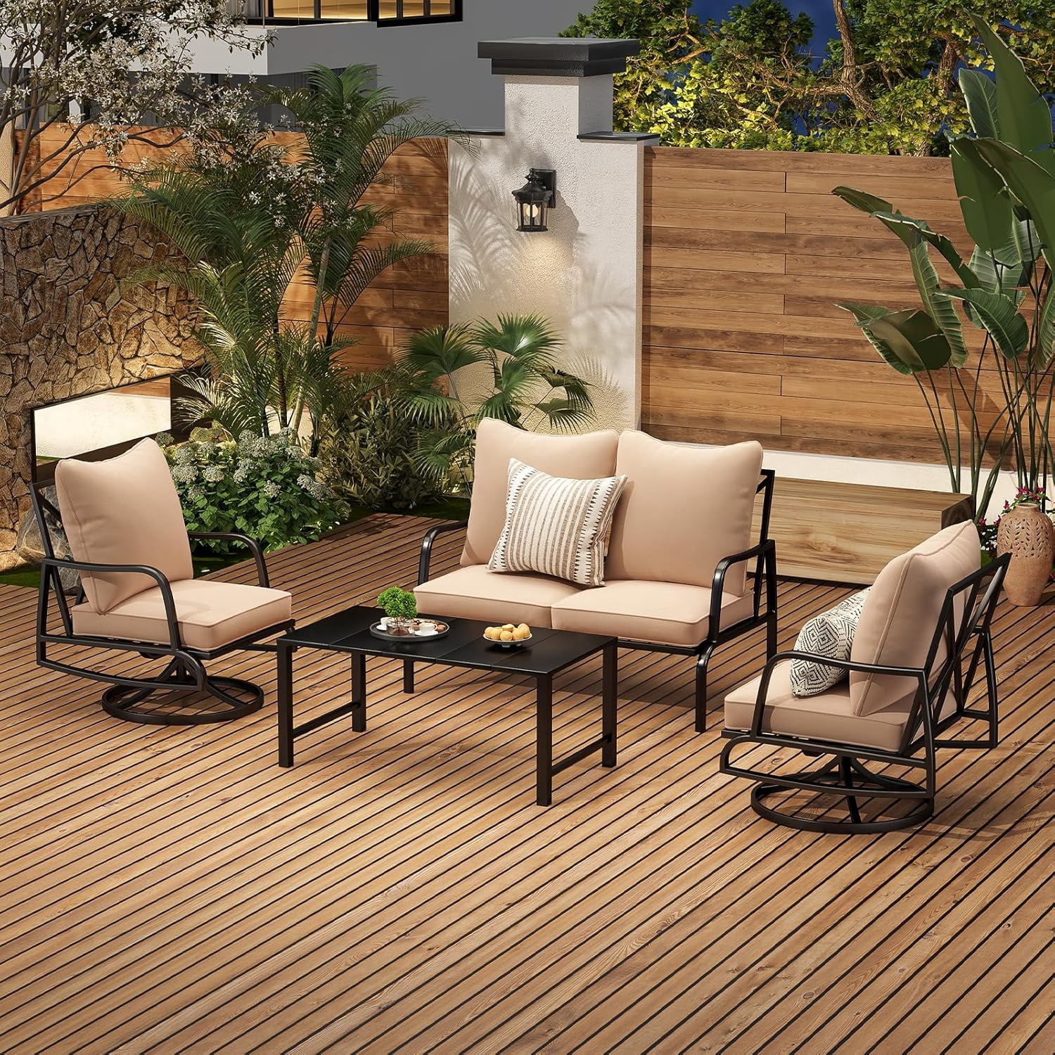 STARY Patio Furniture Set, 4 Piece Outdoor Patio Furniture Set, 2 x Outdoor Swivel Chair, 1 x 2-Seats Sofa and 1 x Coffee Table, Metal Conversation Set for Porch, Balcony, and Backyard