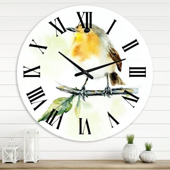 Designart 'Little Robin Bird On A Branch' Traditional Wall Clock