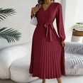 thumbnail image 6 of SMihono Classic Pleated Dresses Womens High Waist Shirt Dress with Belt Long Sleeve Button Up V-Neck Fashion Flowy Midi Dress Spring A-Line Long Dresses Wine 8, 6 of 7