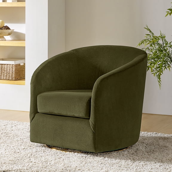 Tina's Home Velvet Swivel Barrel Chair Wood Frame Metal Base Upholstered Club Accent Armchair Moss
