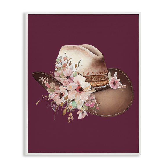 Stupell Industries Farmhouse Cowgirl Hat on Burgundy White Framed Giclee Art, 11 x 14, by Birch&Ink