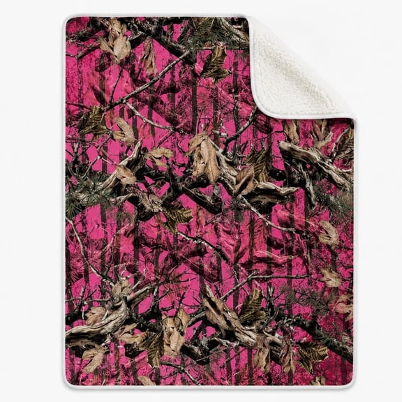 Pink Woodland Camo Sherpa Fleece Throw Blanket – Soft Plush Couch Blanket, 4 Sizes
