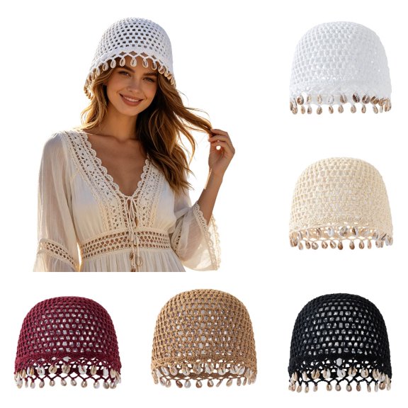 Krdevn Bohemian Crochet Hat Handmade Shell Lightweight Boho Cap for Beach and Travel,One Size