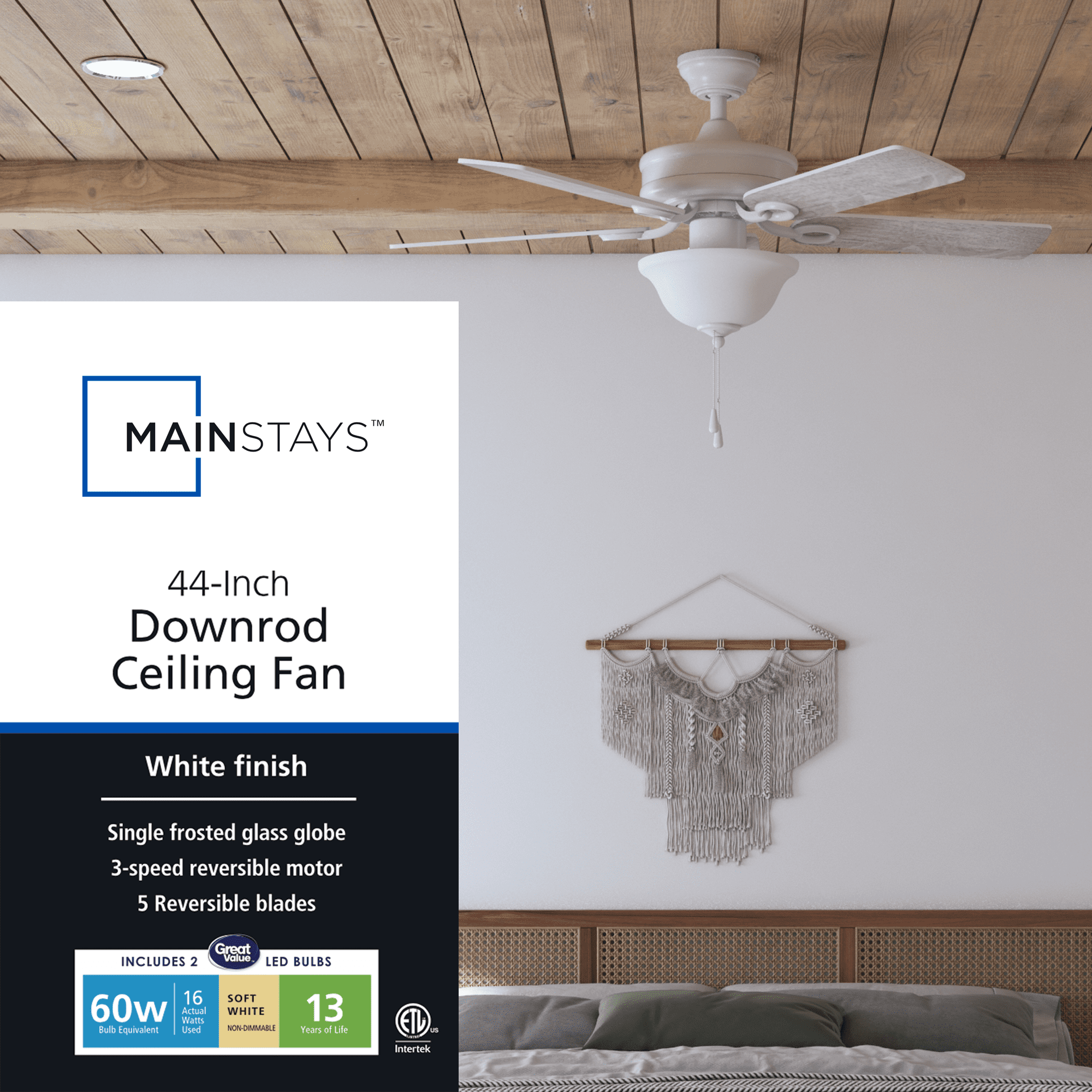 Mainstays 44" White Traditional Indoor Ceiling Fan with Light, 5 Blades, Pull Chains & Reverse Airflow,