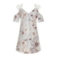 thumbnail image 4 of USSUMA Women's Casual Summer Dress Floral Printed Short Sleeve V-Neck Lace Cold Shoulder Mini Dresses Loose Shirt Sundress, 4 of 5