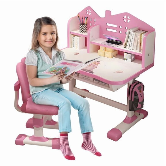 YNCE Desk for Kids, Kids Desk and Chair Set Adjustable Height with Drawers and Storage, Cartoon Pattern Kids Desk, Curved Desktop School Study Desk for Kids, Kids' Desks for Girls