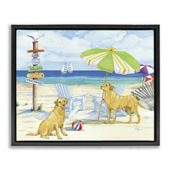 Stupell Industries Retriever Dogs at Beach Animals & Insects Painting Black Floater Framed Canvas Art Print Wall Art, 21 x 17