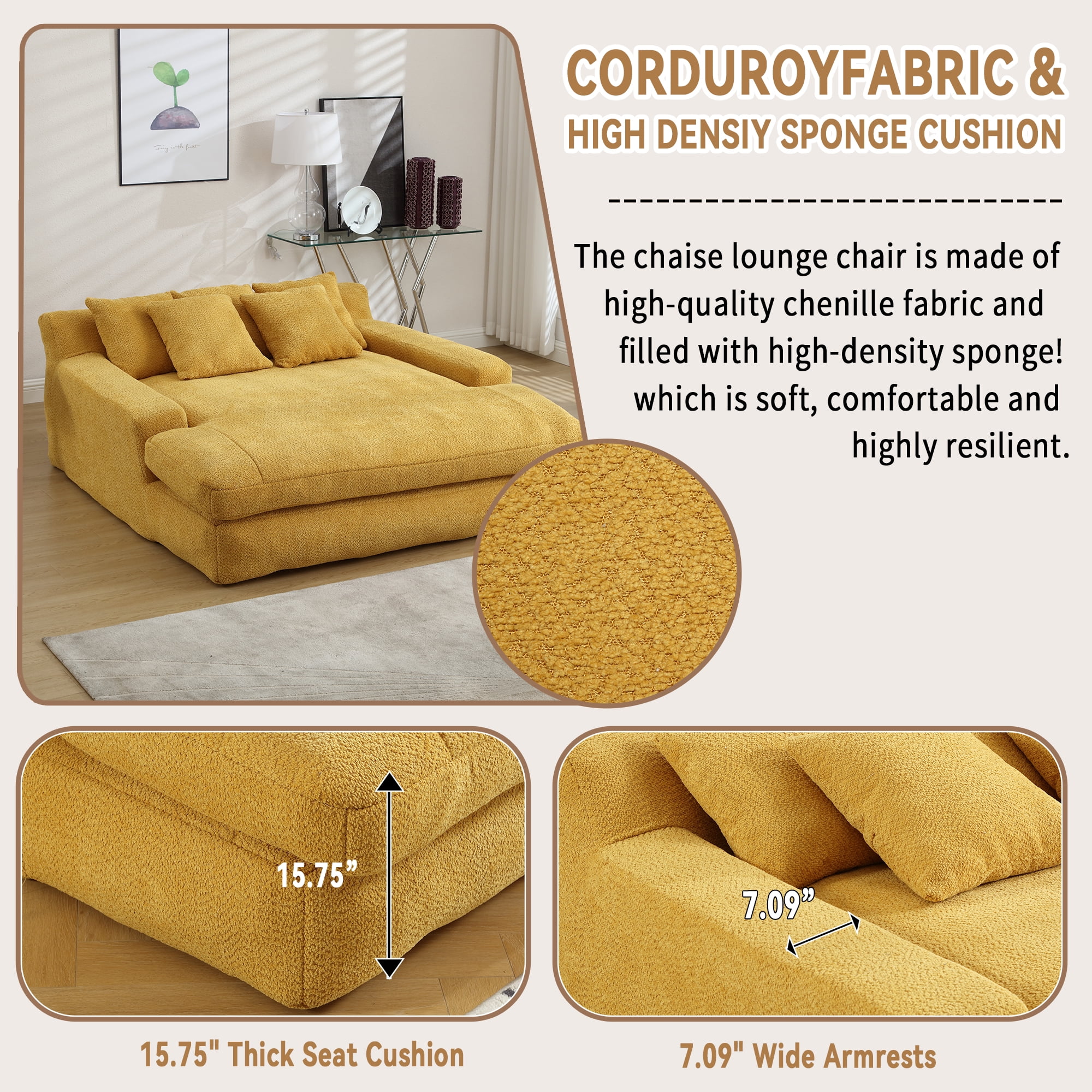 MOONMISS Chenille Upholstered 2-seater Deep Seat Lazy Sofa Bed with 5 Back Pillows-Yellow