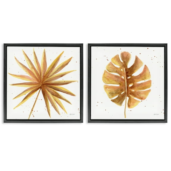 Stupell Industries Golden Palm Monstera Leaves Plants & Flowers Painting Black Floater Framed Canvas Art Print Wall Art, 18 x 18, Set of 2
