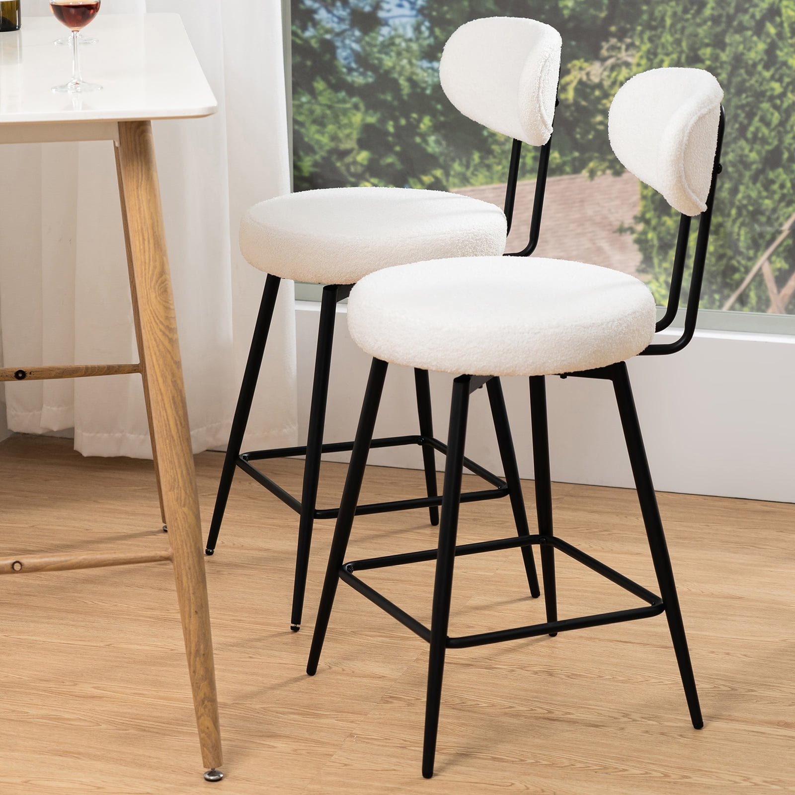 Hommpa 26" Swivel Bar Stools Set of 2 with Back Upholstered Counter Height Modern Boucle Bar Chairs with Metal Frame & Footrest 360° Swivel Dining Pub Chairs for Kitchen Island