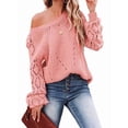 thumbnail image 3 of Women Fall Sweaters Crochet Long Sleeve Off the Shoulder Clothes Cute Crewneck Knit Pullover Tops Pink M, 3 of 8