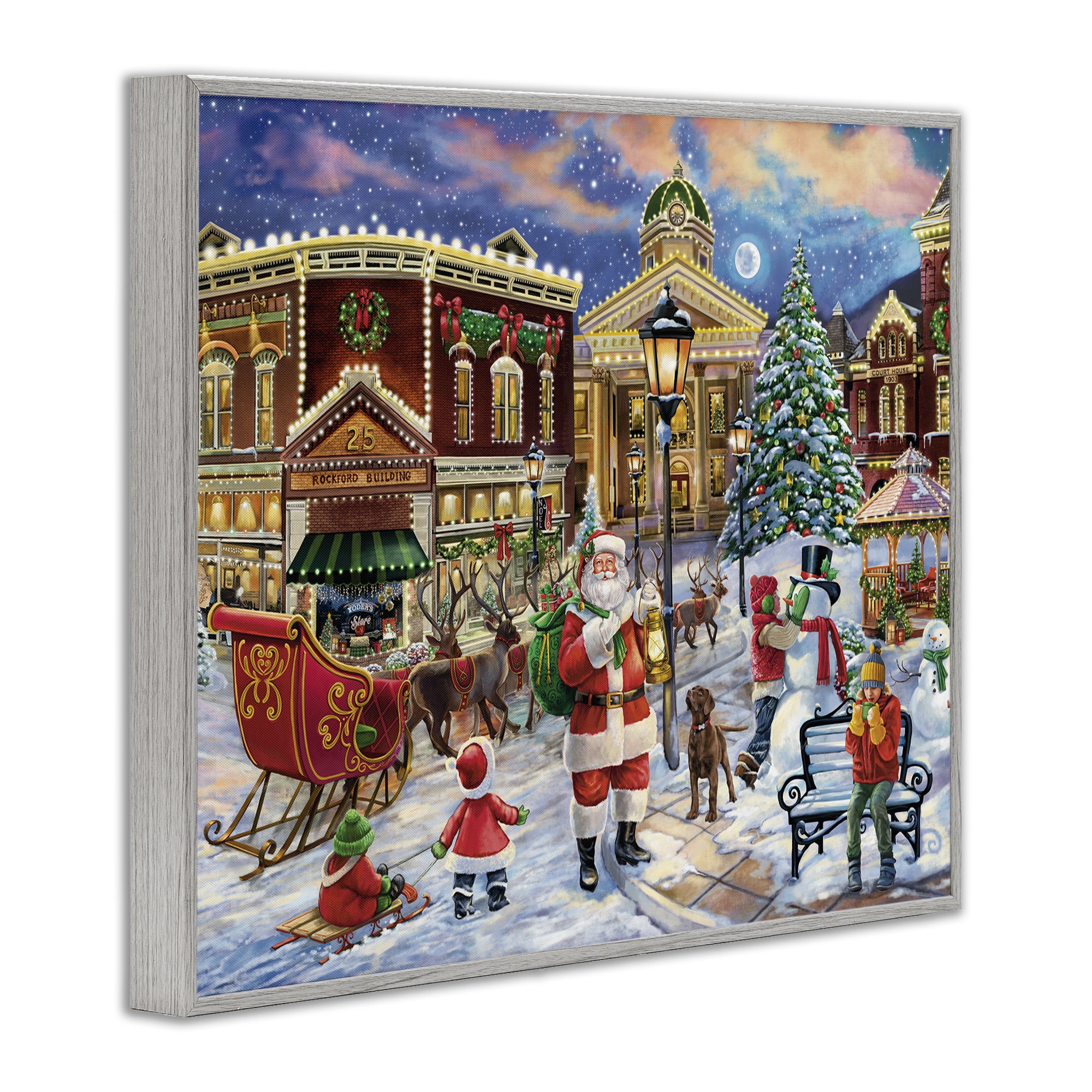 Stupell Industries Santa in Town Square Holiday Painting Gray Framed Art Print Wall Art, 20 x 16
