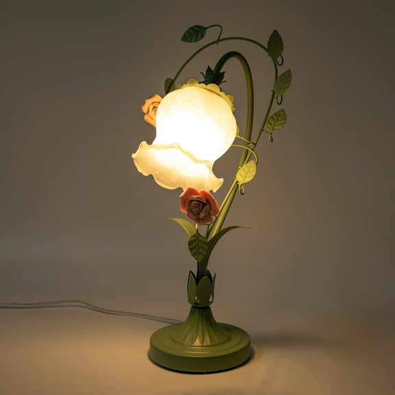 Flower Glass Table Lamp with 5.12-inch Wide, Glass Lampshade, Pad Base (1-Light, Green&Pink)