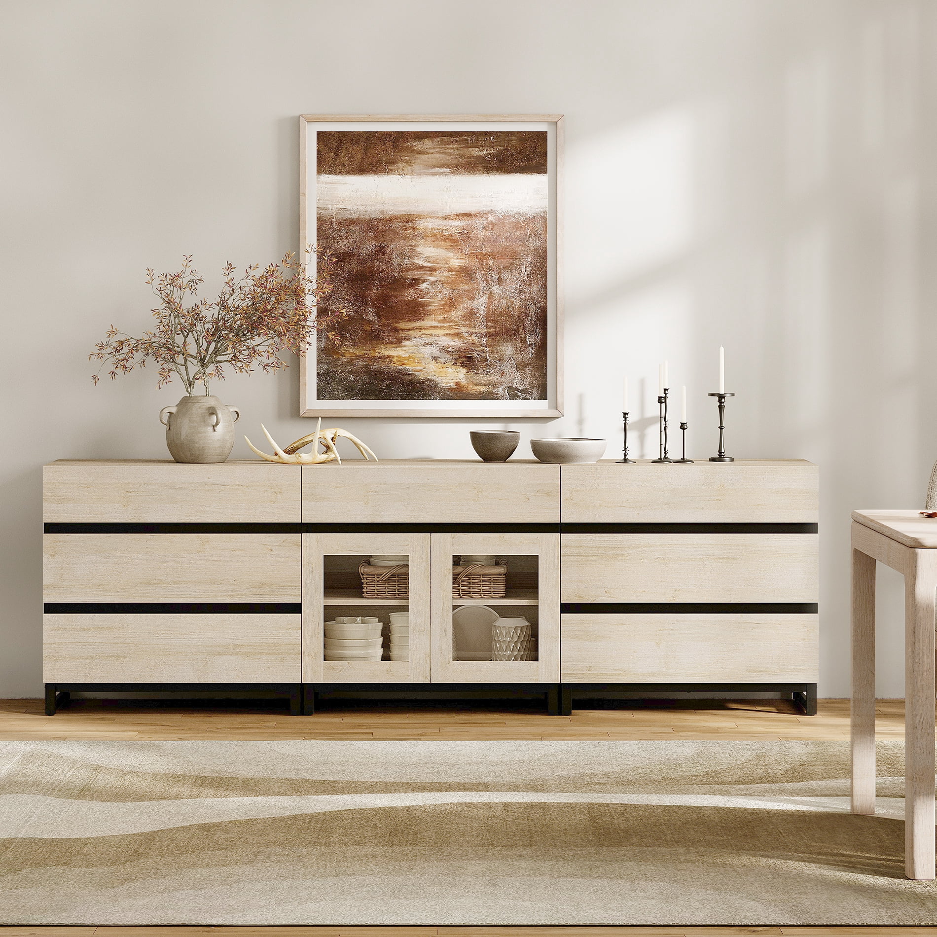 3 In 1 Sideboard Buffet Cabinets With Glass Doors And 7 Drawers, Modern Sideboard Credenza With Adjustable Shelf And Metal Base, Coffee Bar Cabinet Storage Cabinet For Living Room, Kitchen