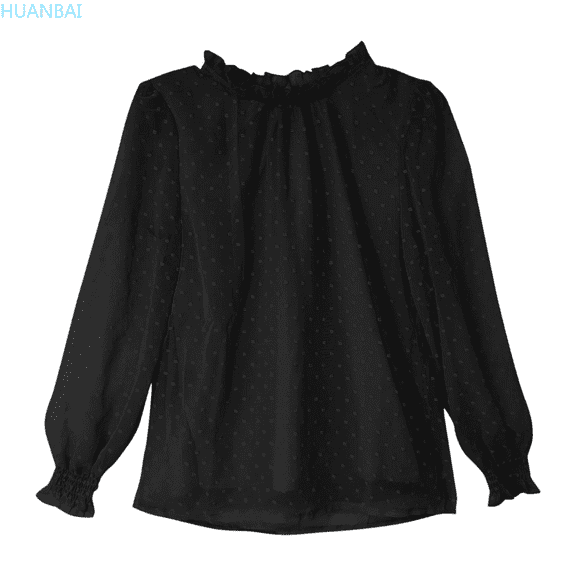 HUANBAI Girls Flocked Mesh Ruffle Blouse Long Sleeve Shirt With Elastic Cuffs Elegant Stand Collar Tops For Toddler Kids Teenage Party Dress Crewneck Basic Tees 6-7 Years