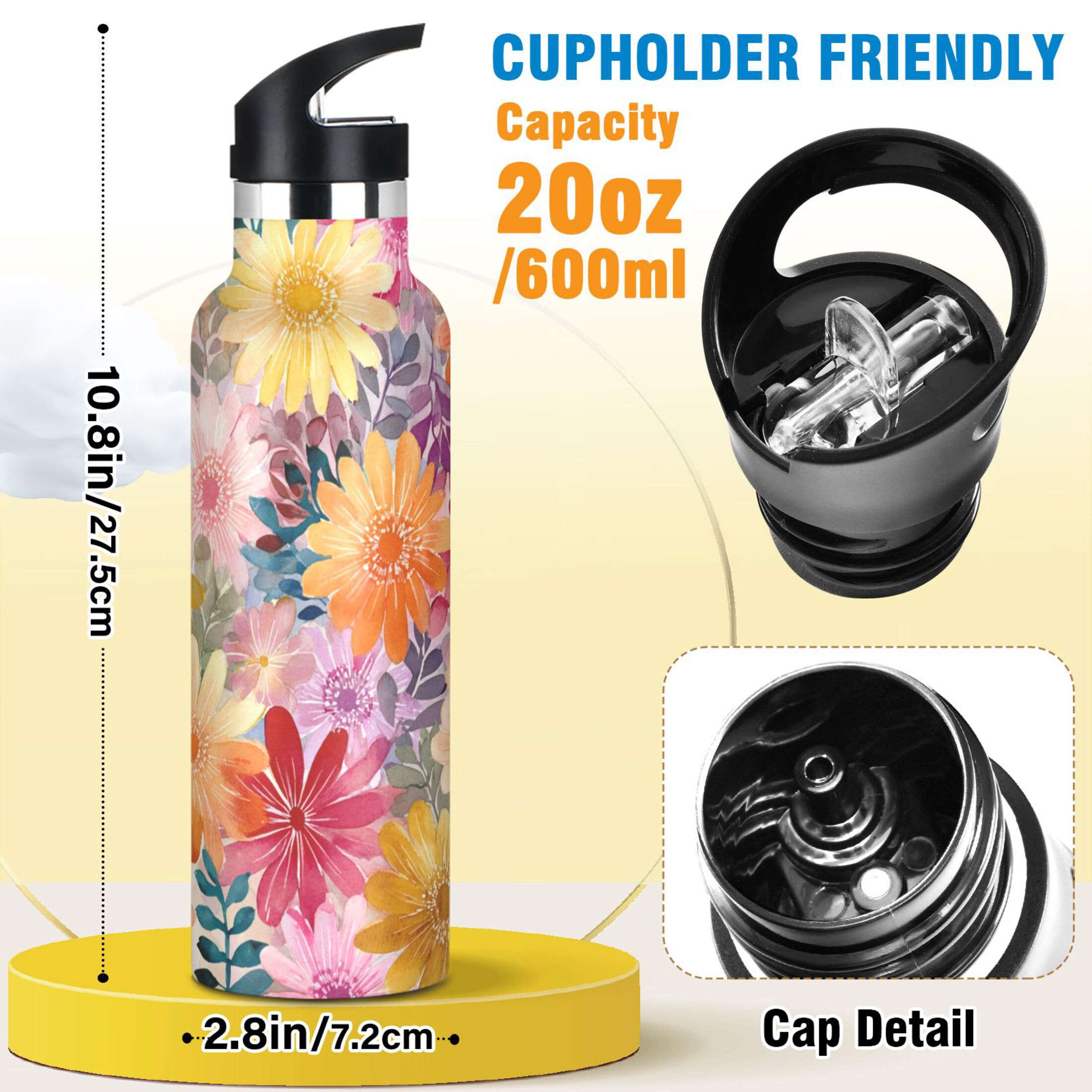 600ML Stainless Steel Insulated Cup Sports Water Bottle Portable Thermos Cup Water Glasses Insulated Tumblers Convenient and Durable Beautiful Watercolor Pink Flowers