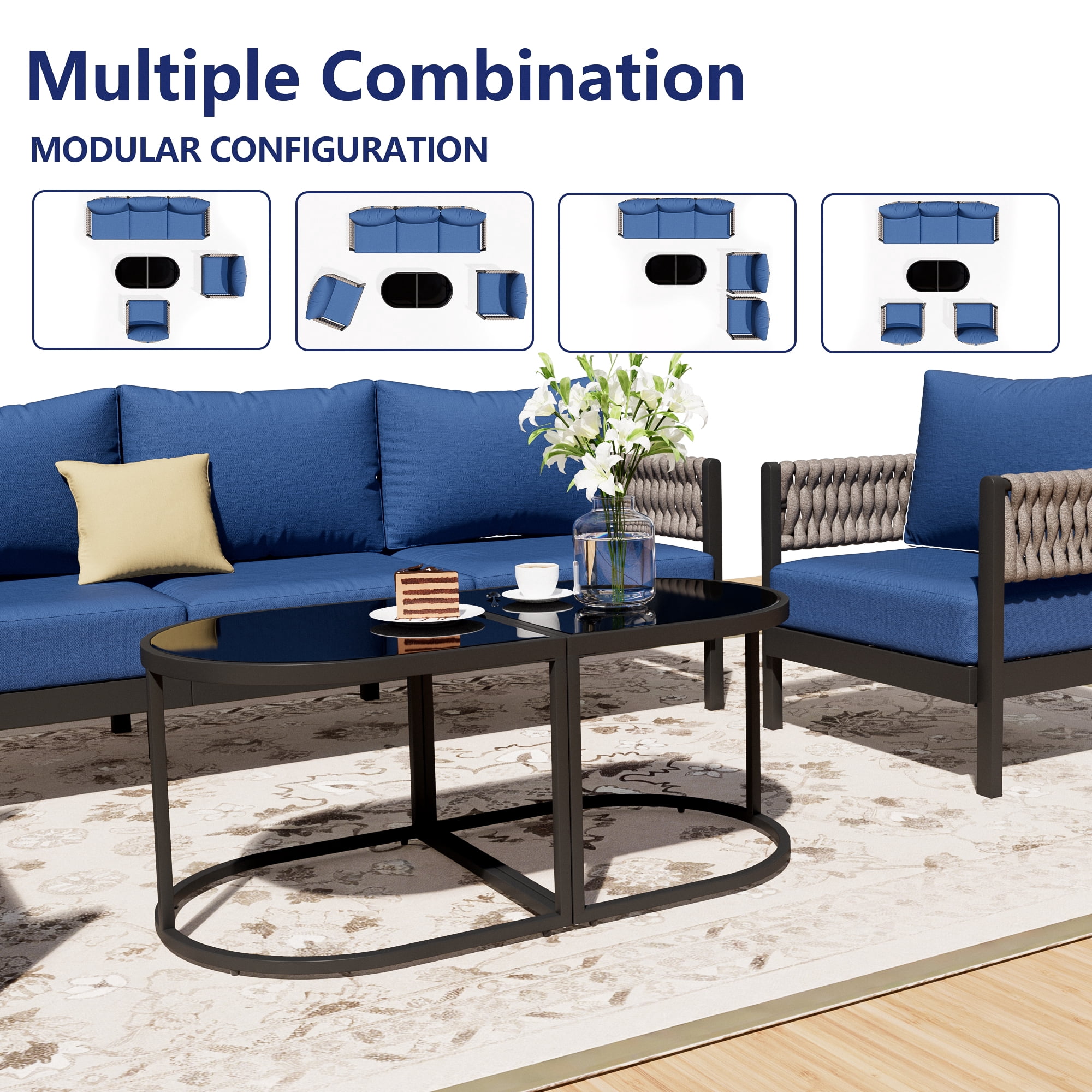Gotland Metal Patio Furniture Set, Woven Rope Outdoor Sofa Set with Removable Cushion Cover and Detachable Coffee Table, Sectional Furniture for Backyard and Garden, Blue