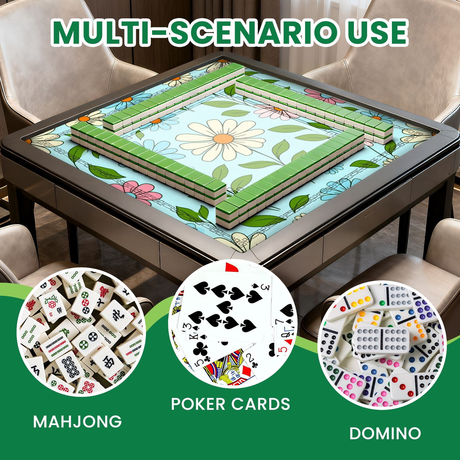 Mahjong Mat 31.5" x 31.5" Colorful Floral Daisies Leaves Light Blue Non-Slip Noise Reduction American Mahjong Tiles Table Cover for Dominoes Poker Card Board Games Gift