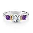 thumbnail image 2 of Gem Stone King 925 Silver and 10K Yellow Gold Purple Amethyst Diamond 3-Stone Ring Set with Moissanite (1.70 Cttw) (Size 5), 2 of 3