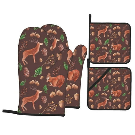 

Oven Mitts and Pot Holders Sets 4 pcs - Rustic Cute Deer Squirrel Nut Heat Resistant Silicone Oven Gloves with Non-Slip Silicone Surface and hot pads for kitchen Baking Cooking BBQ
