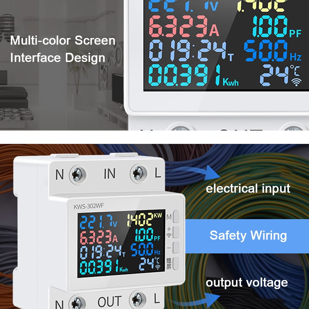 DEWIN - Medidor De Consumo Eléctrico Digital Para Riel DIN, 80-270V AC, Hasta 100A, Con Pantalla LCD, Mide Voltaje, Corriente Y Potencia