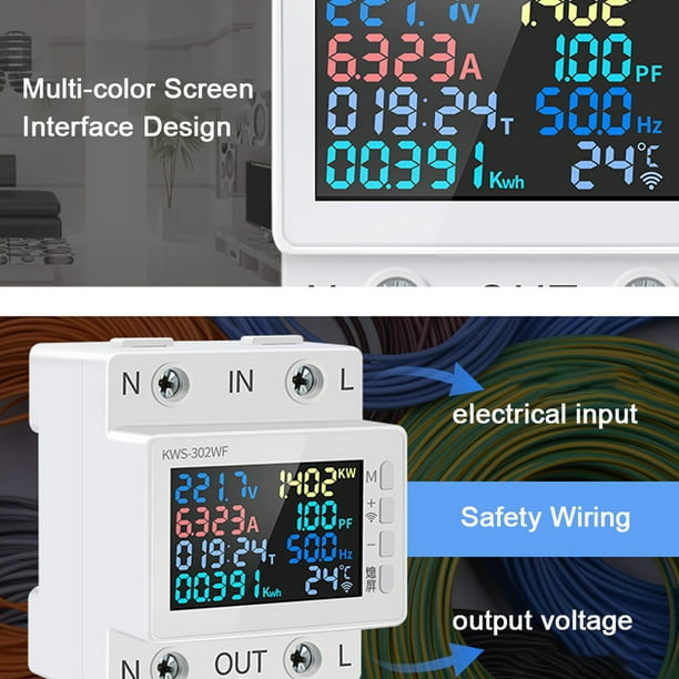 Medidor de Potencia de 8 Pulgadas Pantalla de Color 2P Medidor de Energía AC Multifunción 170-270V/63A Voltaje y Medidor de Corriente Montaje de Riel Estándar