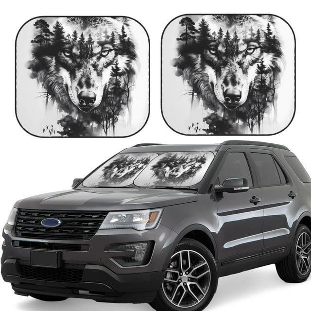 Disketp Majestic Wolf Landscape Pattern 2 Piece Windshield Sunshades,Folding Windshield Sun Shade for Car SUV Trucks Sedan,Blocks UV Rays Sun Visor Protector-Medium