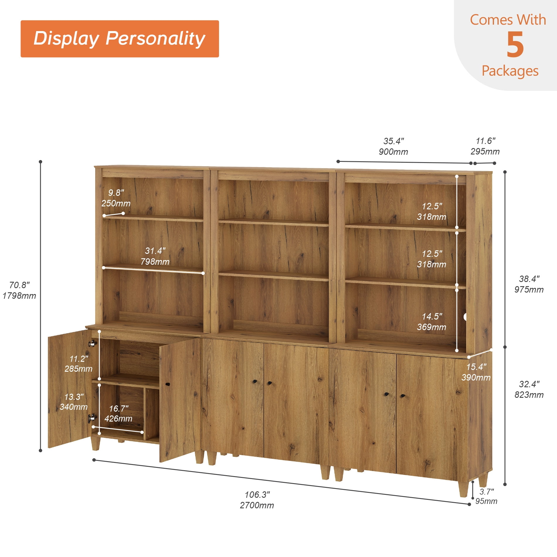WAMPAT Modern 71" Tall Pantry Cabinet with Doors and Adjustable Shelves for Dining Room, 3-Column 5-Tier, Dark Brown Wood