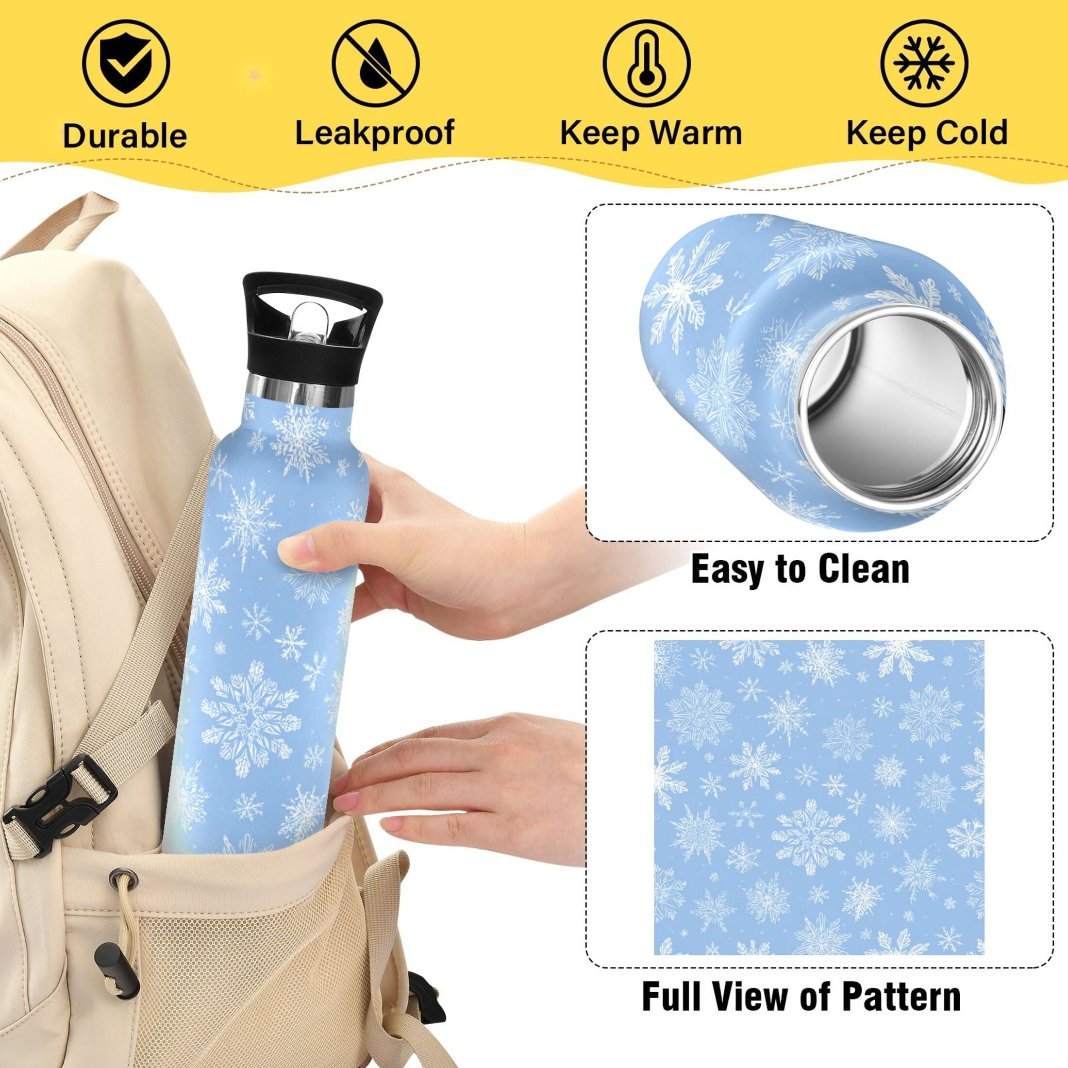600ML Stainless Steel Insulated Cup Sports Water Bottle Portable Thermos Cup Water Glasses Insulated Tumblers Convenient and Durable White Snowflakes