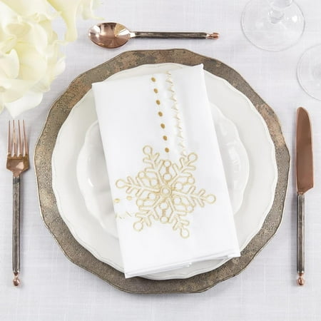 

Fennco Styles Metallic Gold Embroidered Snowflake Christmas Cloth Napkins 20 W x 20 L Set of 4 - White Linen Blend Dinner Napkin for Winter Holidays Family Gatherings Banquets Special Events