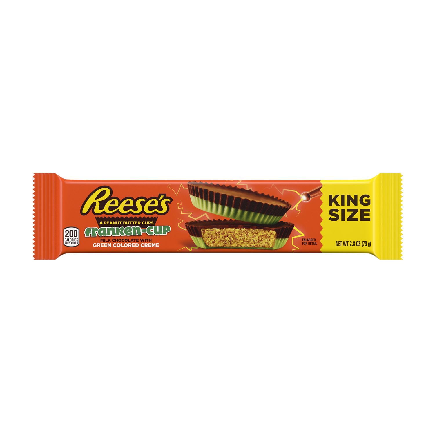 REESE'S, Franken-Cup Milk Chocolate Peanut Butter with Green Creme Cups Candy, Halloween, 2.8 oz, King Size Pack (4 Pieces)