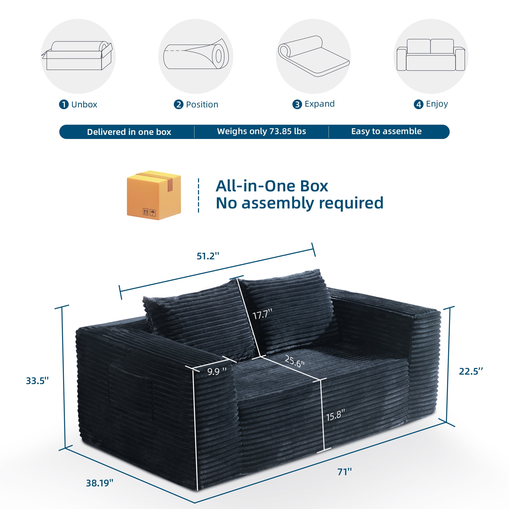 Elevon 71" Loveseat Sofa, Plush Corduroy 2-Seater Couch, Delivered in One Box, Deep Seat, No Assembly, Comfortable Sofa for Living Room, Bedroom, or Office