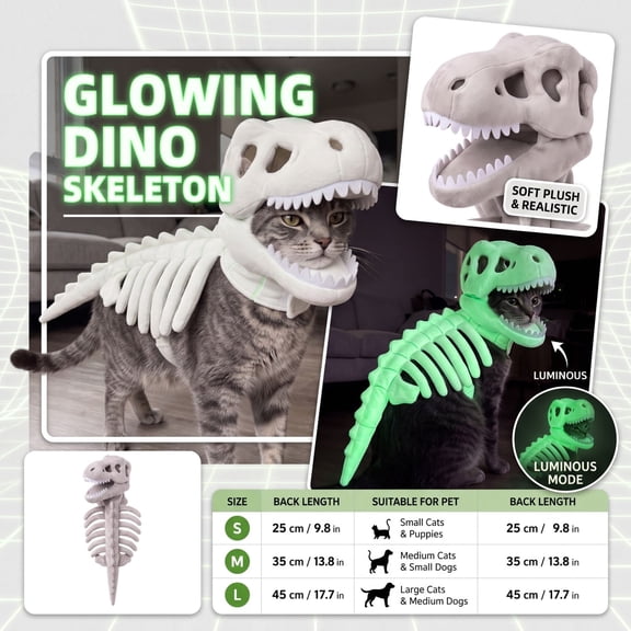 Dinosaur Skeleton Glow in Dark Cat Costume, Plush Halloween Pet Hood Outfit, 2-Piece Glowing Skeleton Hood Cape Set for Cat Halloween Party,S