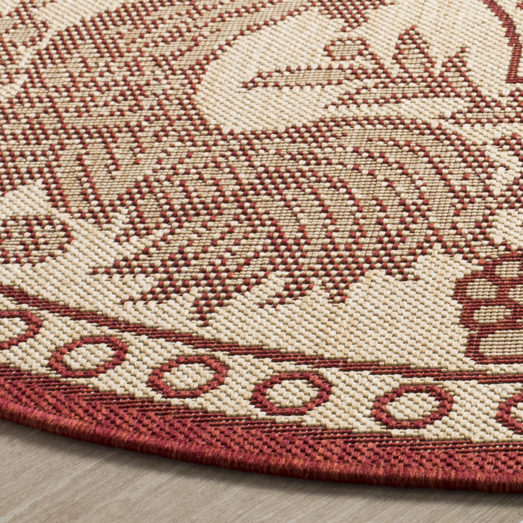 SAFAVIEH Courtyard Claire Rooster Indoor/Outdoor Area Rug, 6'7" x 6'7" Round, Natural/Red