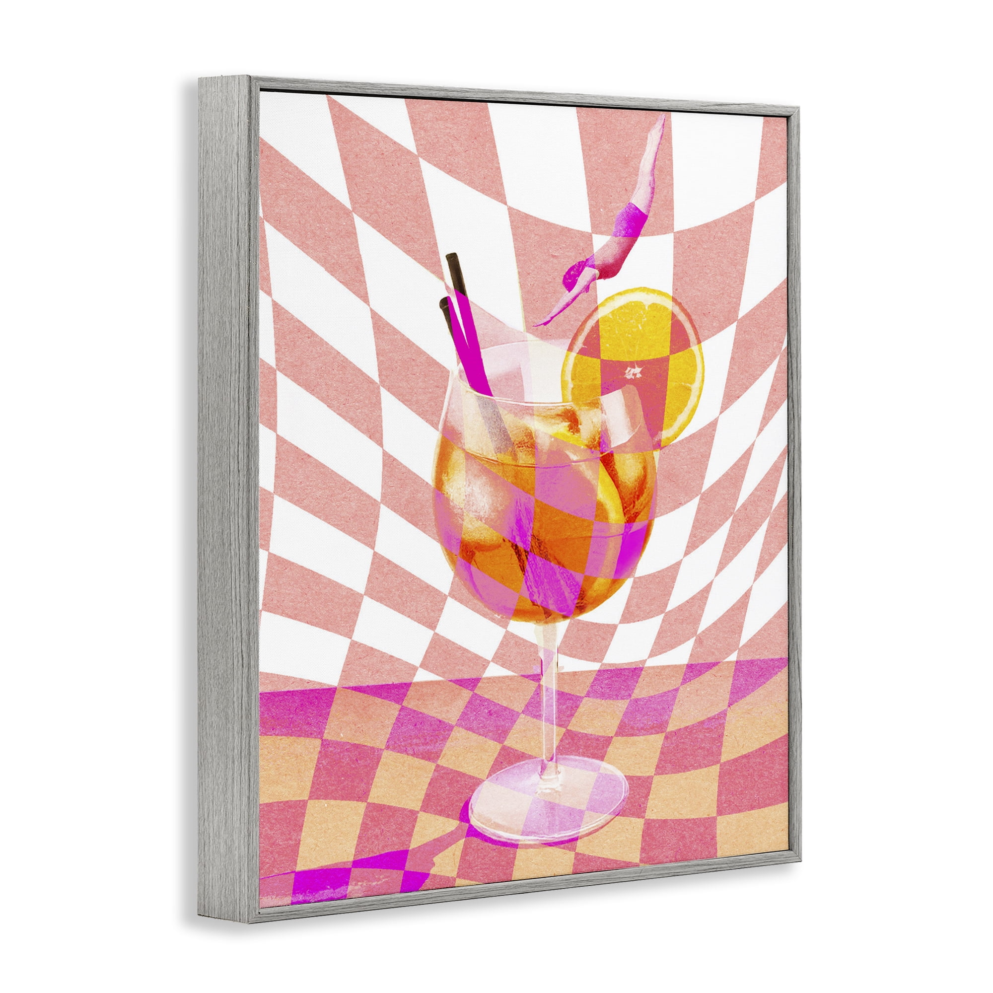 Retro Checkered Summer Cocktail Gray Framed Giclee Art, design by Lil' Rue