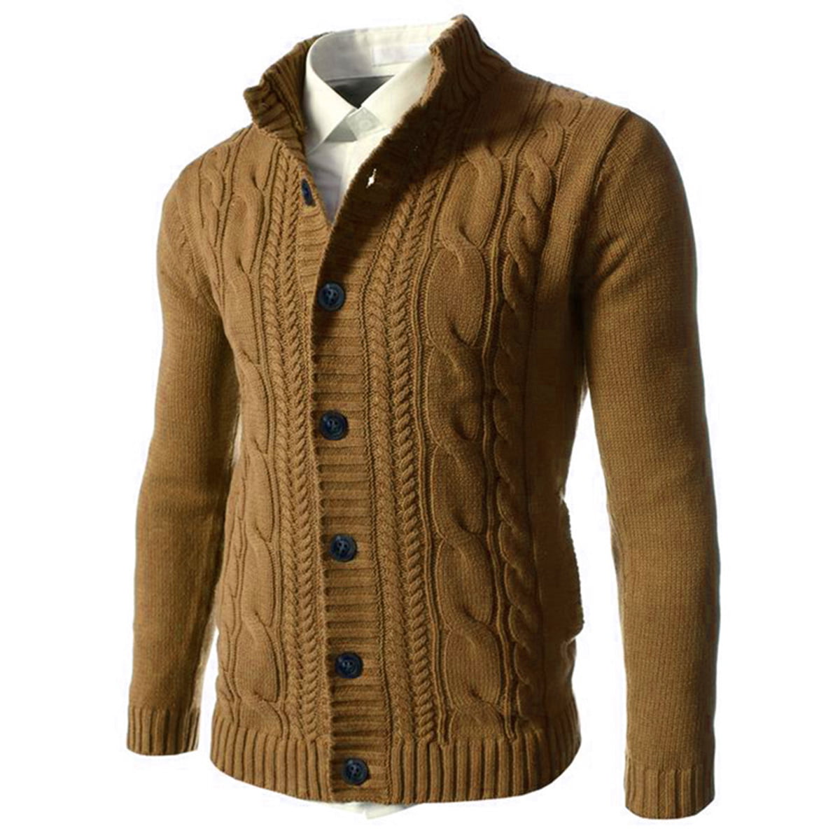 Hurrg Mens Thicken Zip-Up Slim Fit Knitting Stand Collar Twisted Sweater Cardigan