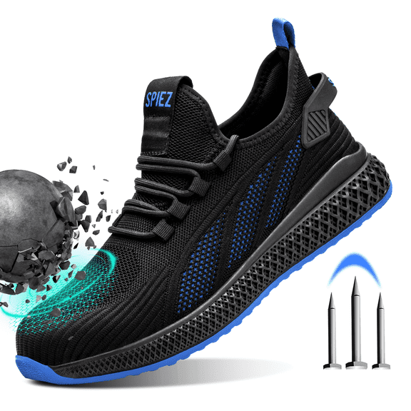 SPIEZ® Unisex Composite Toe Safety Shoes–ASTM Certified Non-Slip Work Shoes, Lightweight Breathable Puncture Resistant Safety Sneakers for Work & Daily Wear–Black Blue,Size 8.5 Men/9.5 Women