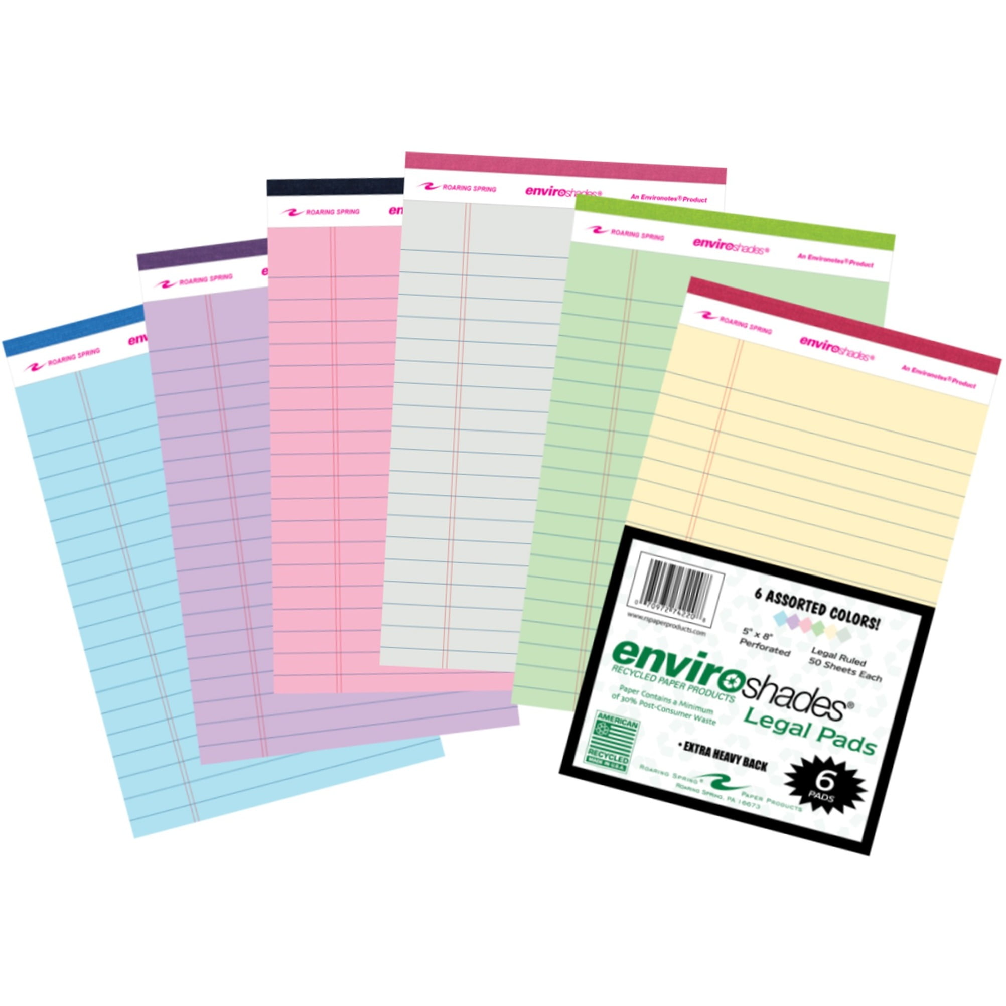 Roaring Spring Enviroshades Case of Mini Recycled Legal Pads, 12 Six Packs, 5" x 8" 50 Sheets, Assorted Colors