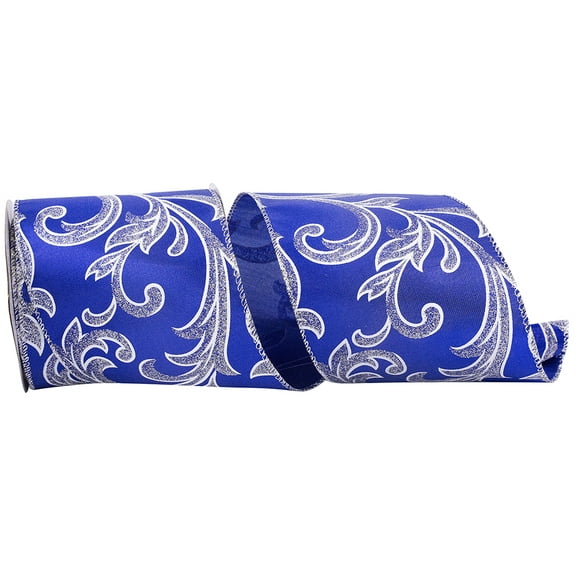 Reliant Ribbon - 93040W-989-10F, Lame Scroll Royal Wired Edge Ribbon, Royal/silver, 4 Inch, 10 Yards