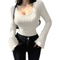 thumbnail image 2 of Women'S Long Sleeve Tops, Scoop Neck Ribbed Knit Shirt Slim Fit Pullover Sweater Basic Thermal Shirt White M, 2 of 9