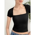 thumbnail image 2 of Women's Square Neck Short Sleeve T Shirts Double Lined Basic Tee Slim Fit Tops, 2 of 6