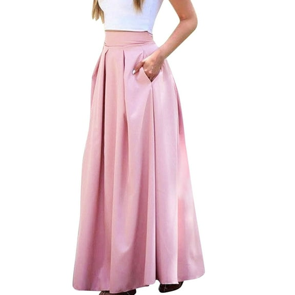 Fgnfyis Women's Large Solid Color Pocket High Waist A-Line Half Skirt Pleated Design for a Practical Pink M