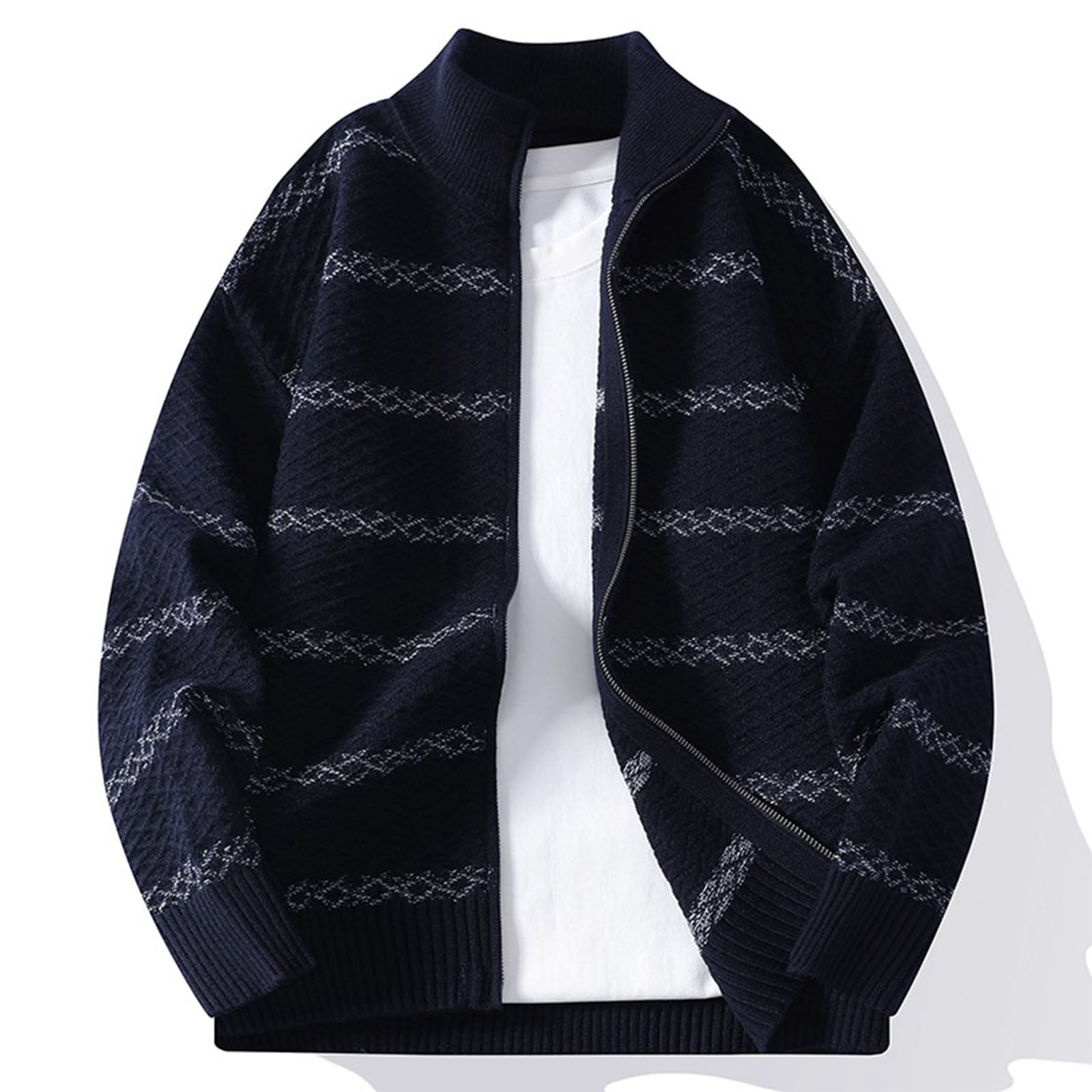 Zedker Cardigan for Mens Full Zip Sweater Slim Fit Cable Knitted Zip up Sweater with Pockets Navy XXL