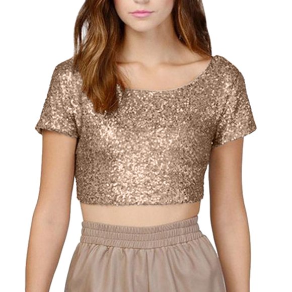 Sexy Sparkling Sequins Backless Crop Top Multicolor T Shirt Women'S T-Shirts Gold M