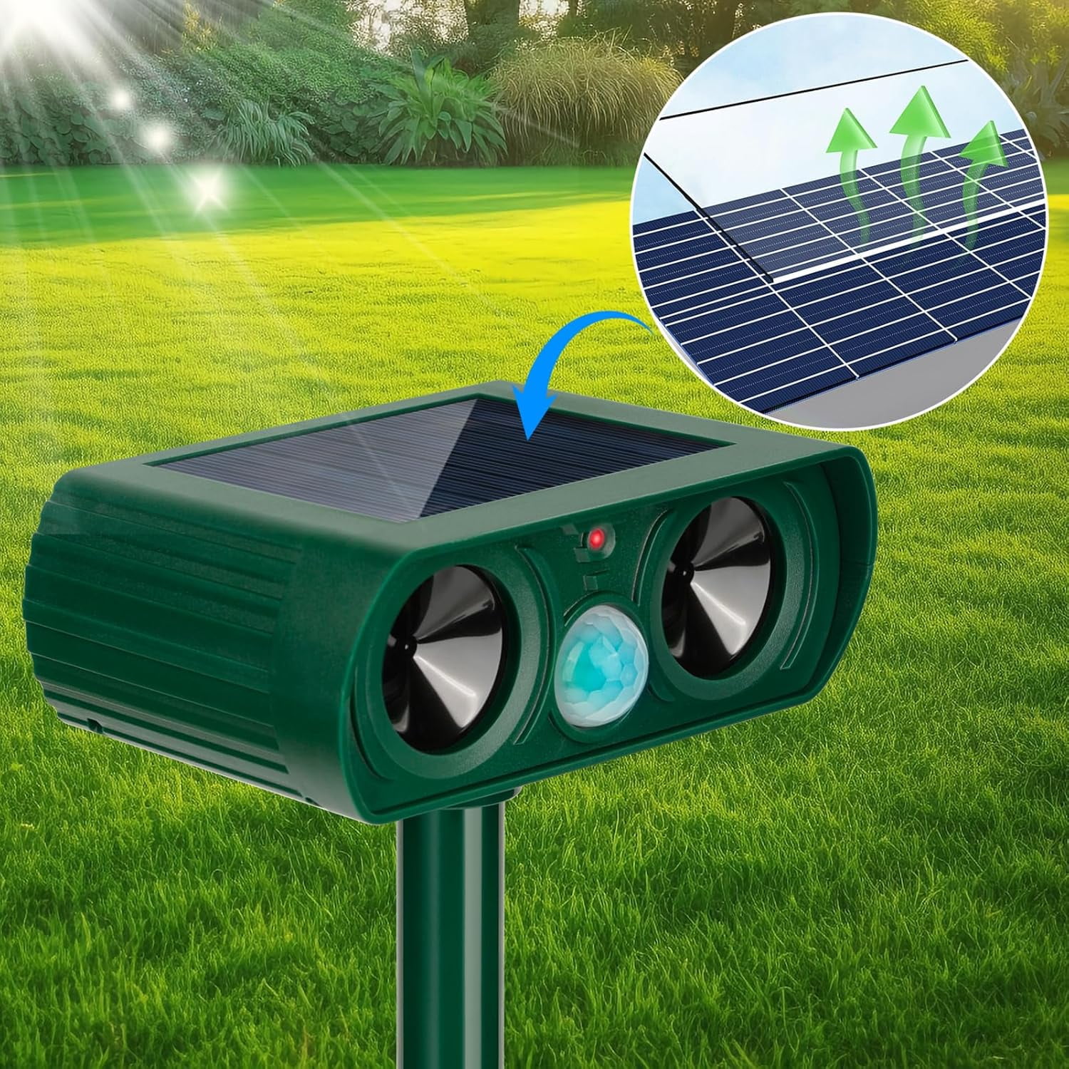 2Pack 2025 Solar Ultrasonic in Repellent Defender Rat, Squirrel, Deer, Raccoon, Skunk, Rabbit, Mole, Dog, Cat, Waterproof with Motion Detector for Yard Lawn (2, Green)