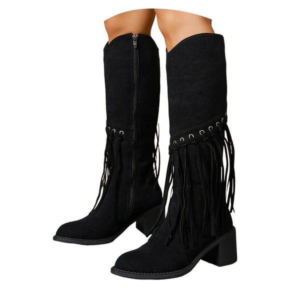 Leozcaa Womens Fringe Cowboy Boots Pointed Toe Knee High Boots Suede Winter Western Wide Calf Boots